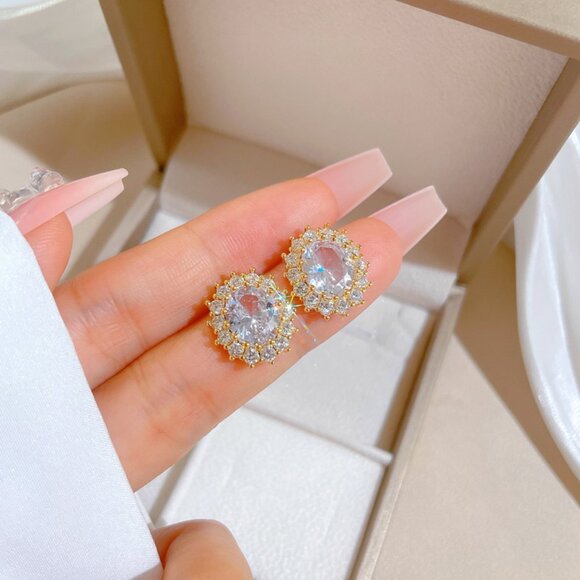 3/$35 Gold Plated Copper Ear Studs Earrings Clear Crystal Gemstone Diamond - Picture 6 of 6